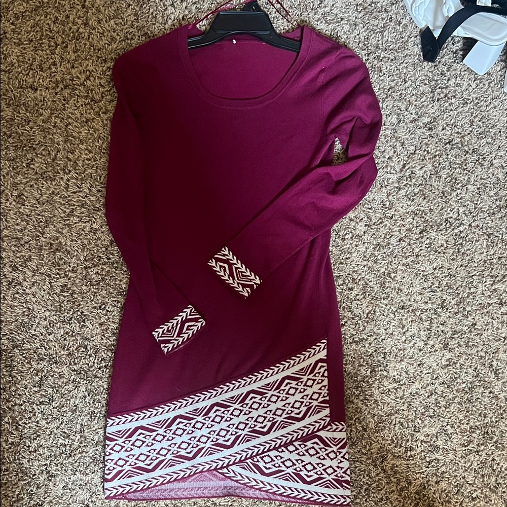 Burgundy Long Sleeve Dress with Geometric Trim
